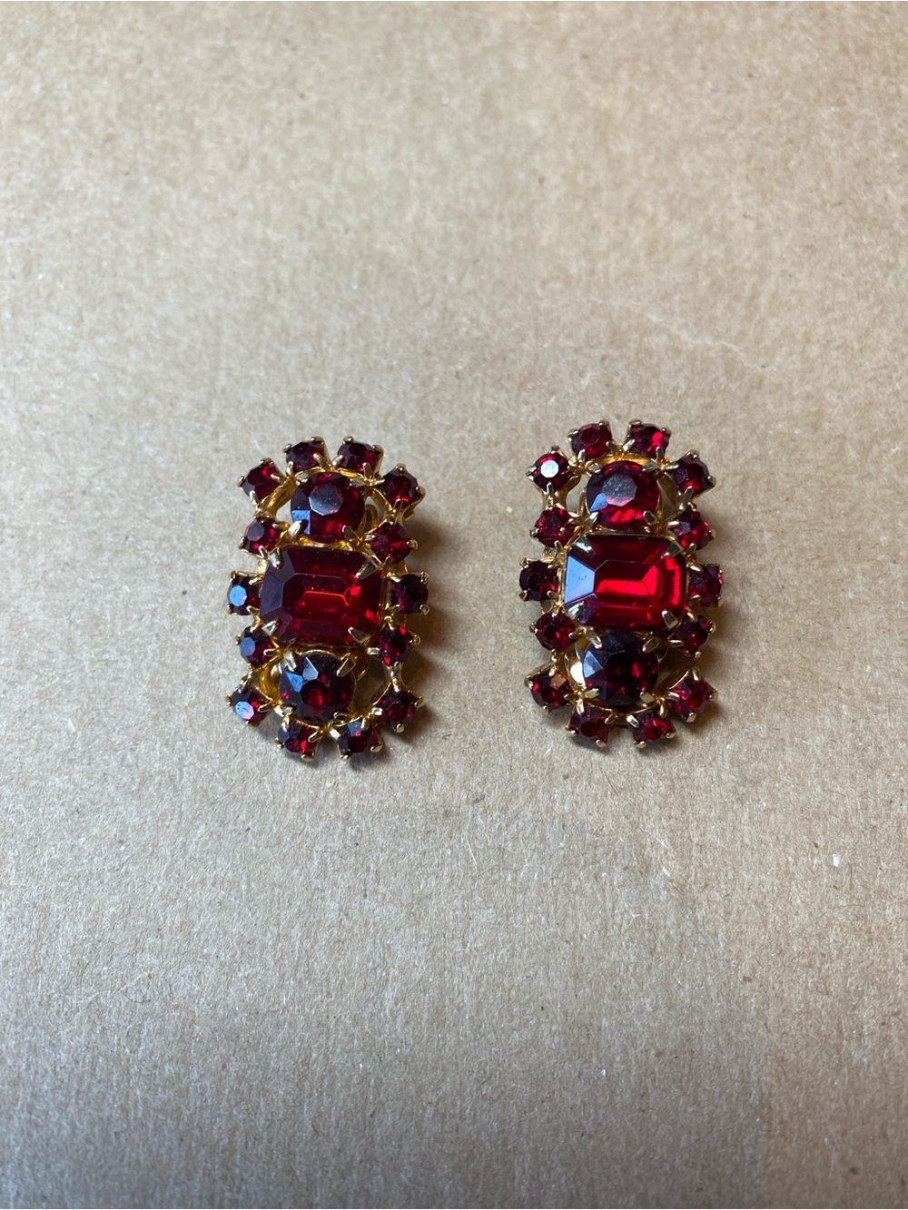 Vintage red rhinestone clip earrings